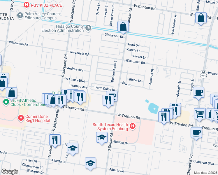 map of restaurants, bars, coffee shops, grocery stores, and more near 1708 Tierra Dulce Drive in Edinburg