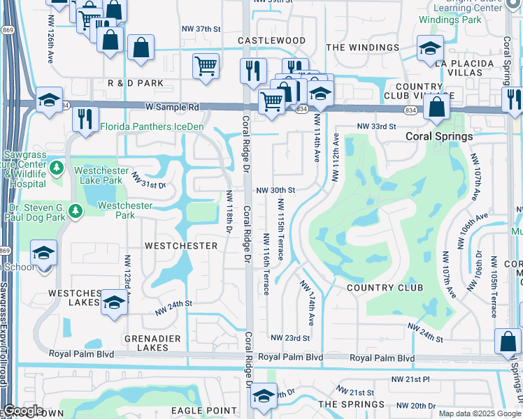 map of restaurants, bars, coffee shops, grocery stores, and more near 11605 Northwest 28th Street in Coral Springs