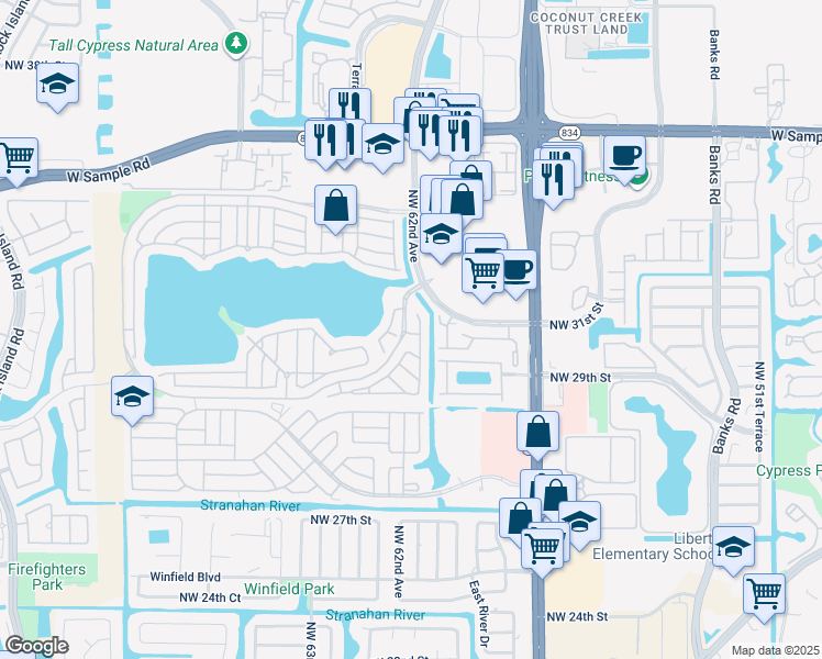 map of restaurants, bars, coffee shops, grocery stores, and more near 6213 James Street in Margate