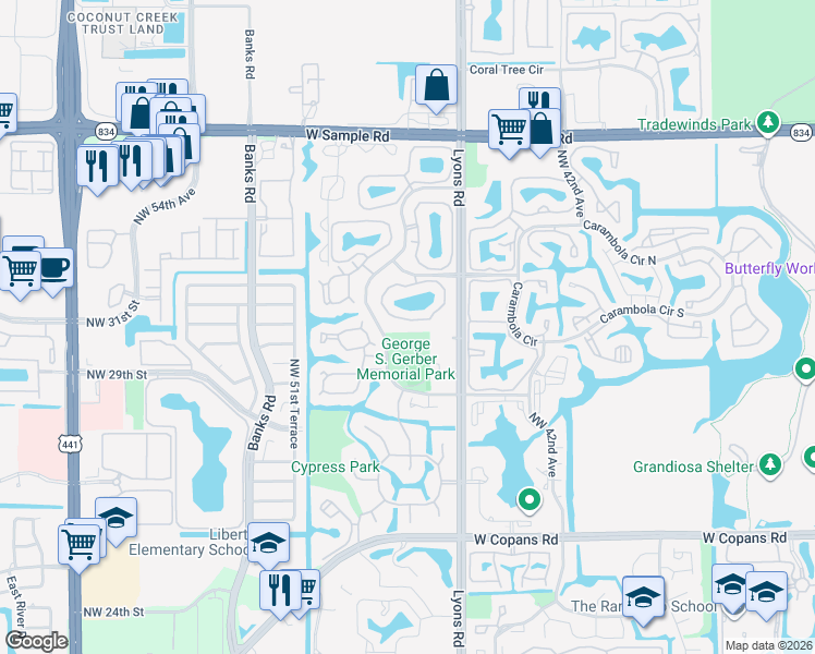 map of restaurants, bars, coffee shops, grocery stores, and more near 4715 Northwest 30th Street in Coconut Creek