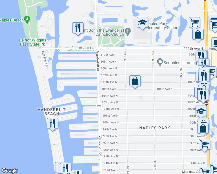 map of restaurants, bars, coffee shops, grocery stores, and more near 531 105th Avenue North in Naples