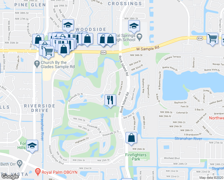 map of restaurants, bars, coffee shops, grocery stores, and more near 3410 Pinewalk Drive North in Margate