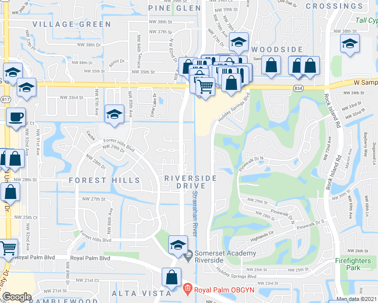 map of restaurants, bars, coffee shops, grocery stores, and more near None in Coral Springs