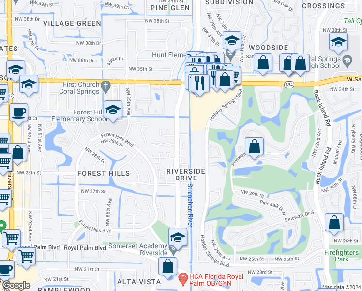 map of restaurants, bars, coffee shops, grocery stores, and more near in Coral Springs