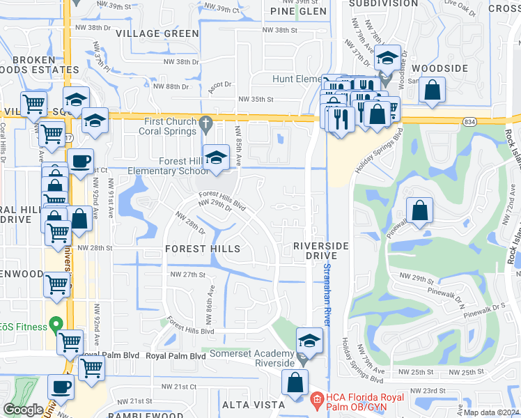 map of restaurants, bars, coffee shops, grocery stores, and more near 8409 Forest Hills Drive in Coral Springs