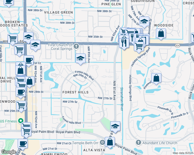 map of restaurants, bars, coffee shops, grocery stores, and more near 8409 Forest Hills Drive in Coral Springs