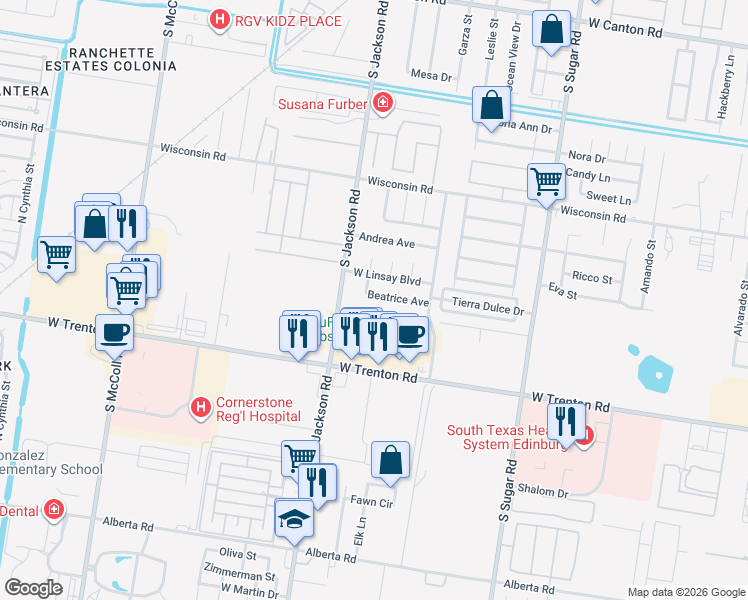 map of restaurants, bars, coffee shops, grocery stores, and more near 3910 South Jackson Road in Edinburg