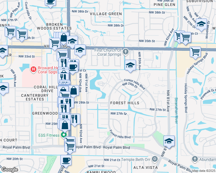 map of restaurants, bars, coffee shops, grocery stores, and more near 2940 Forest Hills Boulevard in Coral Springs