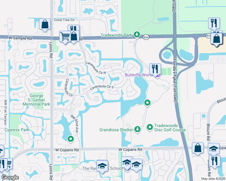 map of restaurants, bars, coffee shops, grocery stores, and more near 2914 Carambola Circle South in Coconut Creek