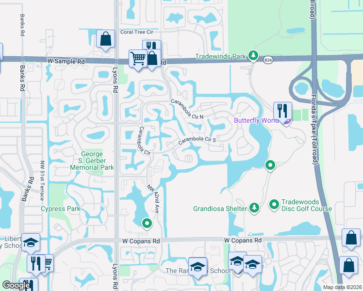map of restaurants, bars, coffee shops, grocery stores, and more near 137 Karanda Village in Coconut Creek
