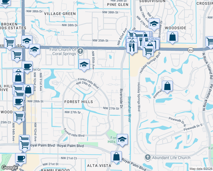map of restaurants, bars, coffee shops, grocery stores, and more near 8409 Forest Hills Drive in Coral Springs