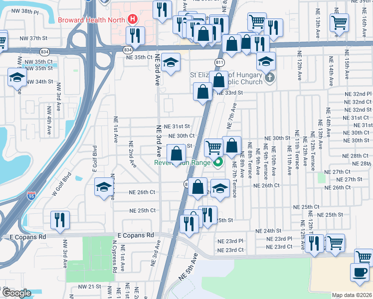 map of restaurants, bars, coffee shops, grocery stores, and more near 440 Northeast 30th Street in Pompano Beach