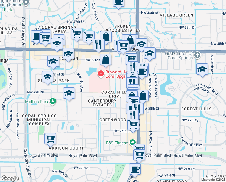 map of restaurants, bars, coffee shops, grocery stores, and more near 2940a Northwest 95th Avenue in Coral Springs