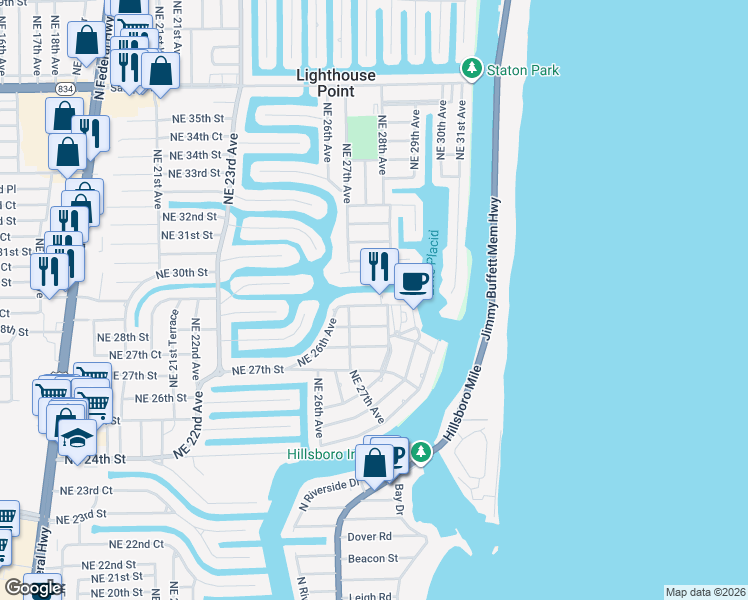 map of restaurants, bars, coffee shops, grocery stores, and more near 2760 Northeast 29th Street in Lighthouse Point