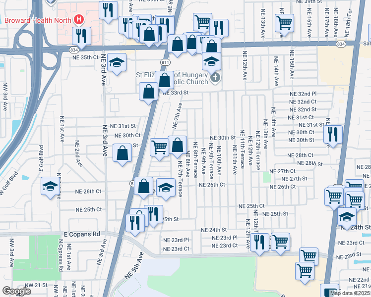 map of restaurants, bars, coffee shops, grocery stores, and more near 2950 Northeast 8th Avenue in Pompano Beach