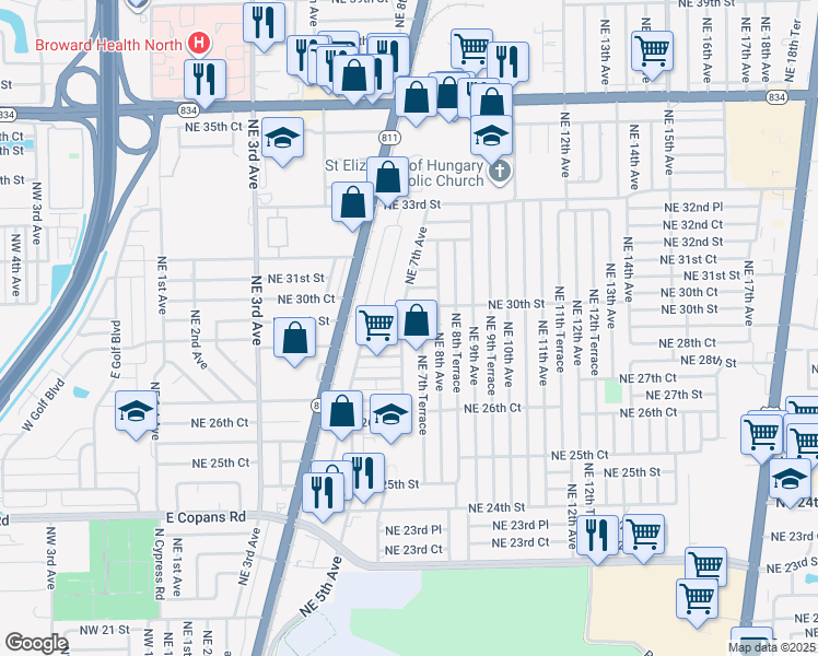 map of restaurants, bars, coffee shops, grocery stores, and more near 2950 Northeast 7th Avenue in Pompano Beach