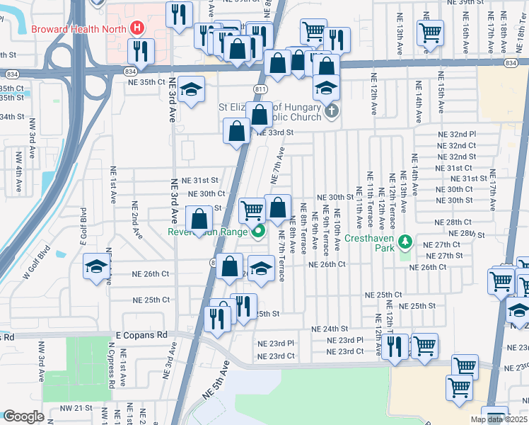 map of restaurants, bars, coffee shops, grocery stores, and more near 2950 Northeast 7th Avenue in Pompano Beach