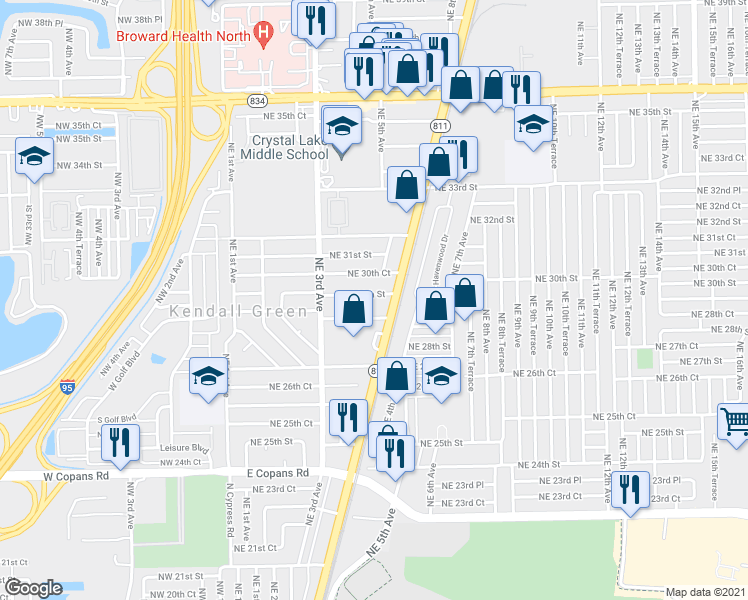 map of restaurants, bars, coffee shops, grocery stores, and more near 500 Northeast 30th Court in Pompano Beach