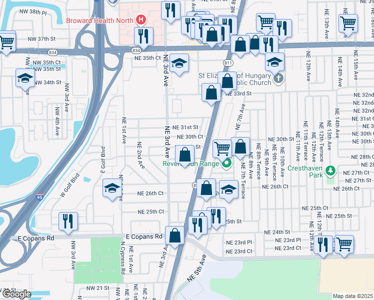 map of restaurants, bars, coffee shops, grocery stores, and more near 350 Northeast 30th Court in Pompano Beach