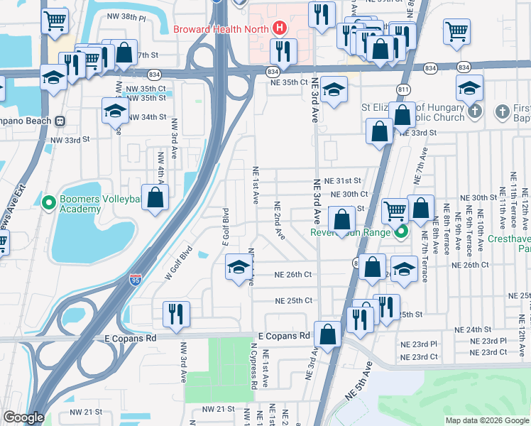 map of restaurants, bars, coffee shops, grocery stores, and more near 110 Northeast 30th Court in Pompano Beach