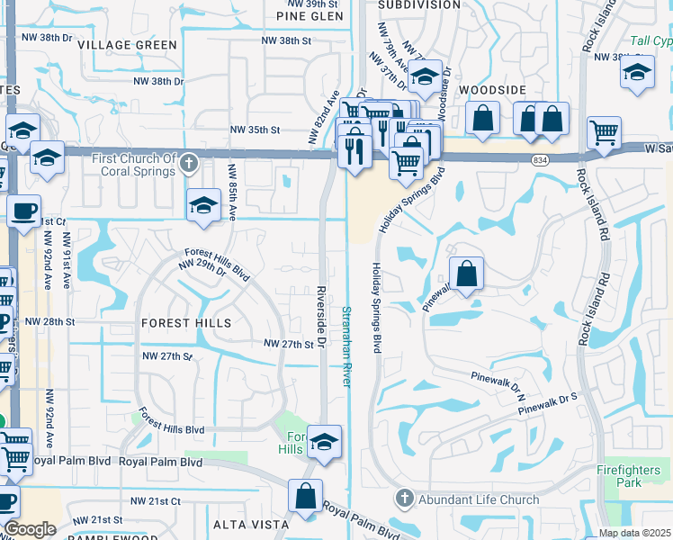 map of restaurants, bars, coffee shops, grocery stores, and more near 3069 Riverside Drive in Coral Springs