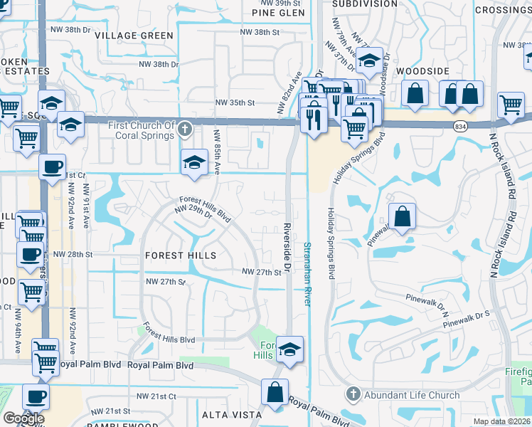 map of restaurants, bars, coffee shops, grocery stores, and more near 3056 Riverside Drive in Coral Springs
