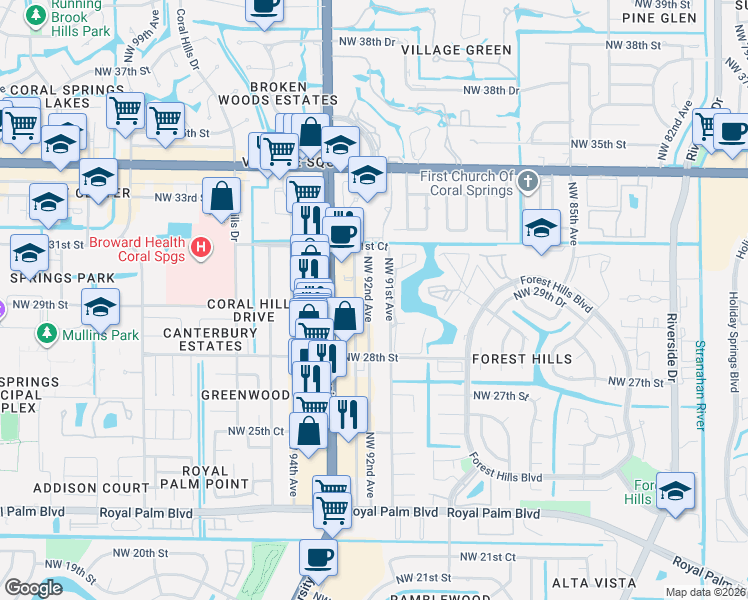 map of restaurants, bars, coffee shops, grocery stores, and more near 3055 Northwest 92nd Avenue in Coral Springs