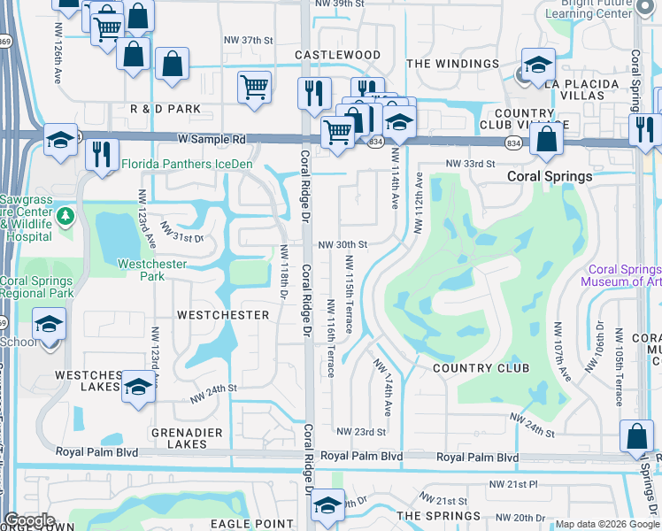 map of restaurants, bars, coffee shops, grocery stores, and more near 11644 Northwest 30th Street in Coral Springs