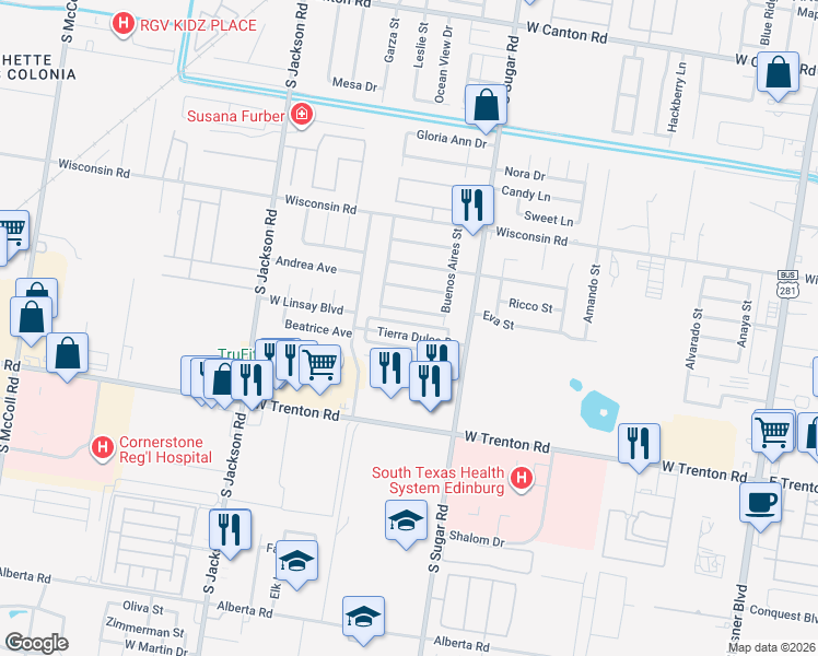 map of restaurants, bars, coffee shops, grocery stores, and more near 1721 Valparaiso Street in Edinburg