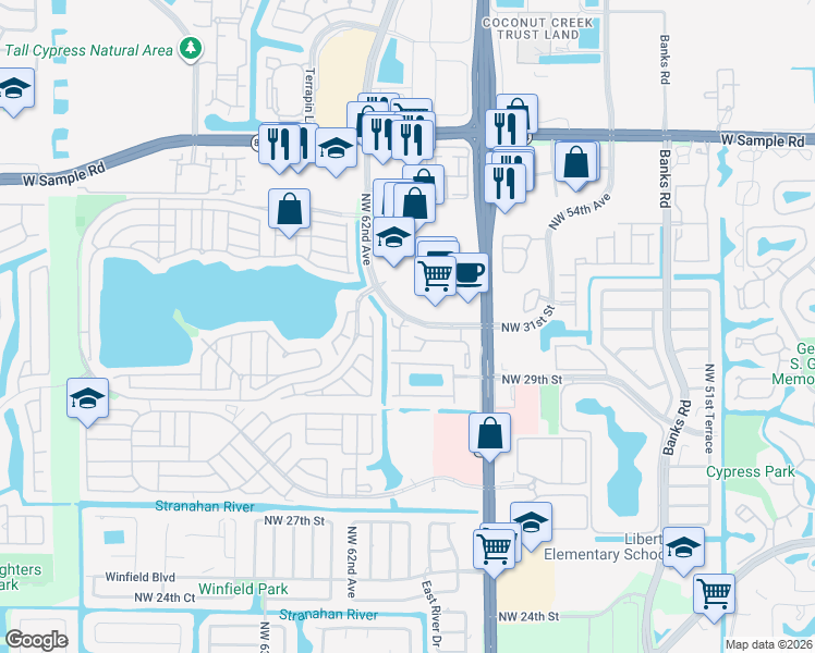 map of restaurants, bars, coffee shops, grocery stores, and more near 5955 Northwest 31st Street in Margate
