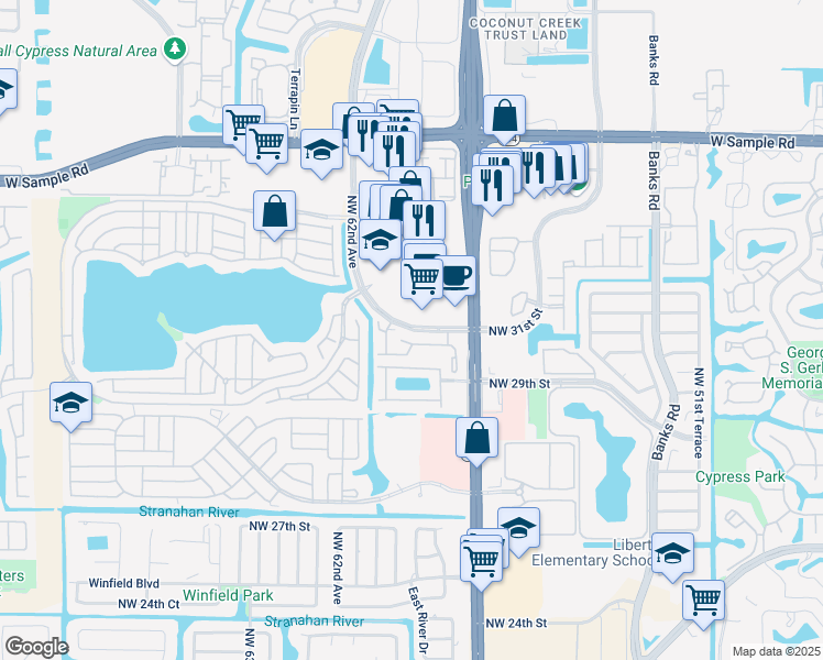 map of restaurants, bars, coffee shops, grocery stores, and more near 5914 Northwest 31st Street in Margate