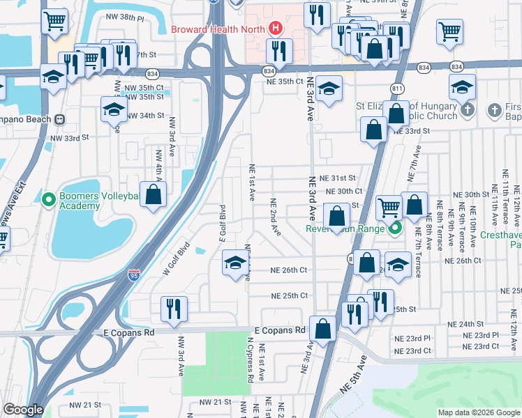 map of restaurants, bars, coffee shops, grocery stores, and more near 110 Northeast 30th Court in Pompano Beach