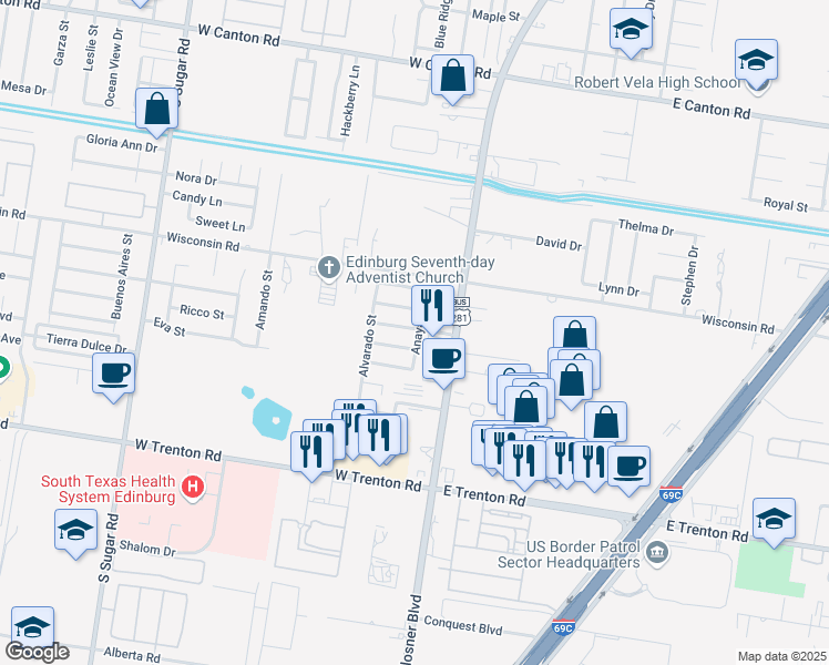 map of restaurants, bars, coffee shops, grocery stores, and more near 300 Cavazos Street in Edinburg