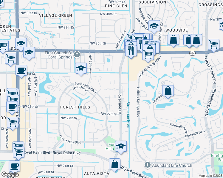 map of restaurants, bars, coffee shops, grocery stores, and more near 3000 Riverside Drive in Coral Springs