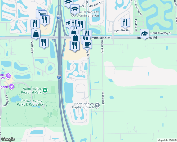 map of restaurants, bars, coffee shops, grocery stores, and more near Malibu Lake Place in Naples
