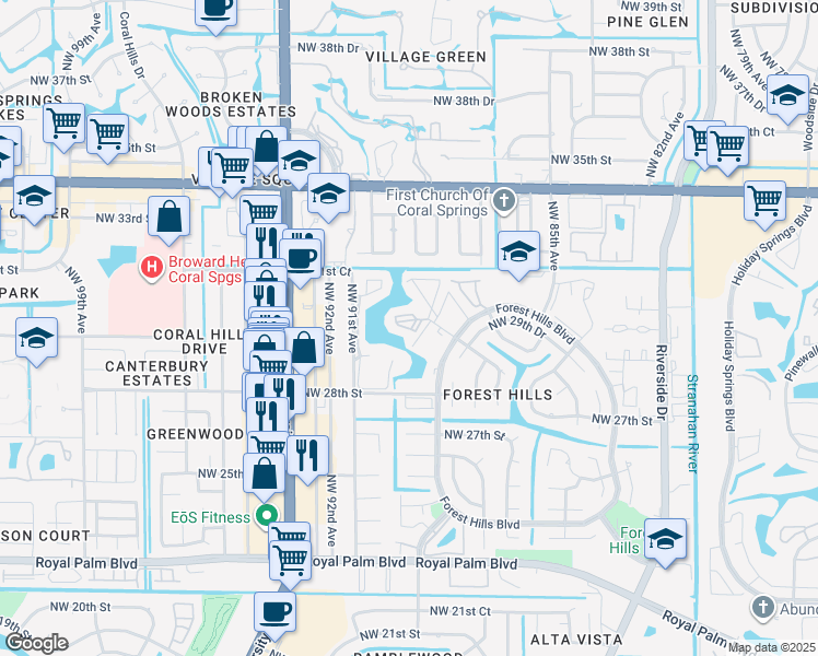 map of restaurants, bars, coffee shops, grocery stores, and more near 9044 Northwest 28th Drive in Coral Springs