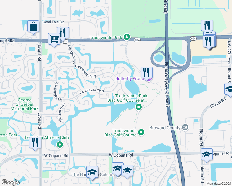 map of restaurants, bars, coffee shops, grocery stores, and more near 98 Applewood III in Coconut Creek