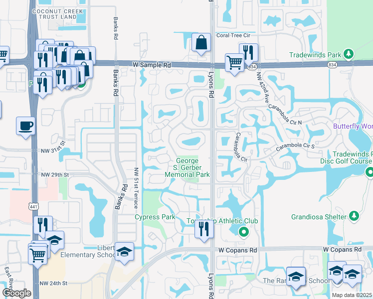 map of restaurants, bars, coffee shops, grocery stores, and more near 3406 Northwest 47th Avenue in Coconut Creek