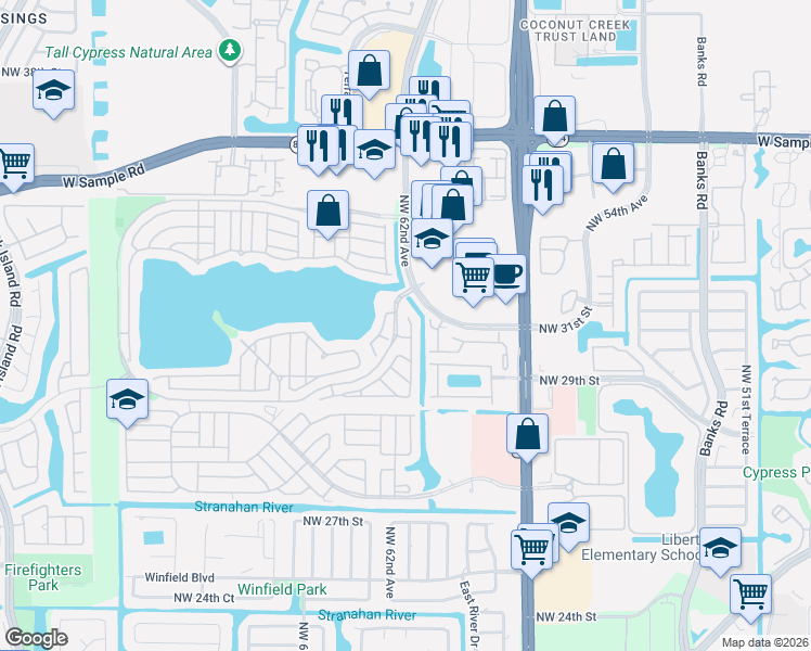 map of restaurants, bars, coffee shops, grocery stores, and more near 3141 Sunset Circle in Margate