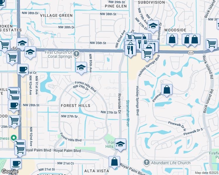 map of restaurants, bars, coffee shops, grocery stores, and more near 3056 Riverside Drive in Coral Springs