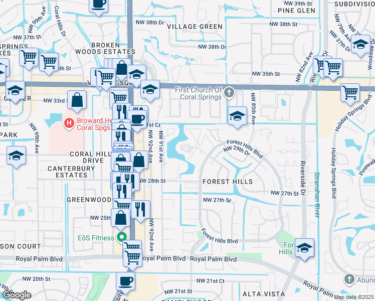 map of restaurants, bars, coffee shops, grocery stores, and more near 9044 Northwest 28th Drive in Coral Springs