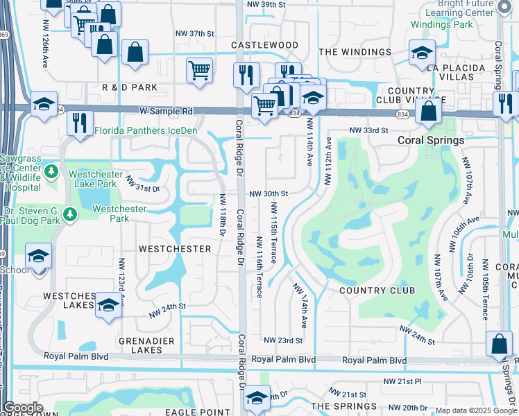 map of restaurants, bars, coffee shops, grocery stores, and more near 11644 Northwest 30th Street in Coral Springs