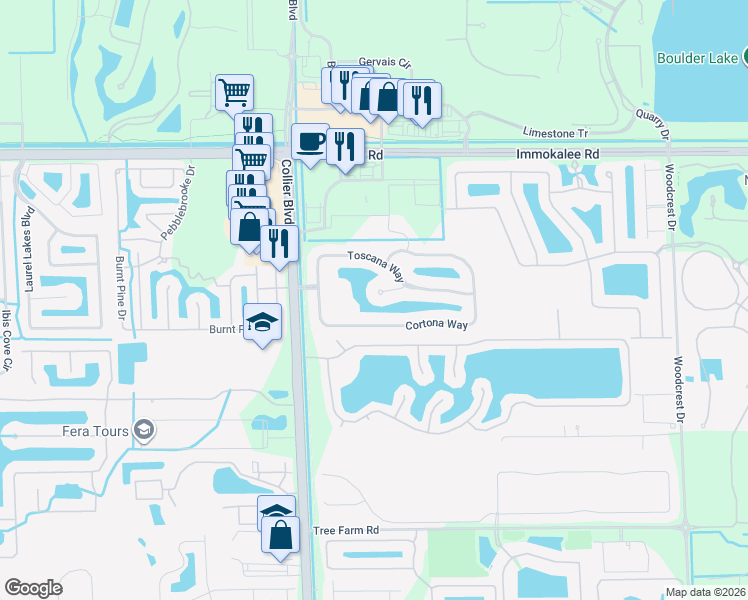 map of restaurants, bars, coffee shops, grocery stores, and more near 14946 Volterra Court in Naples