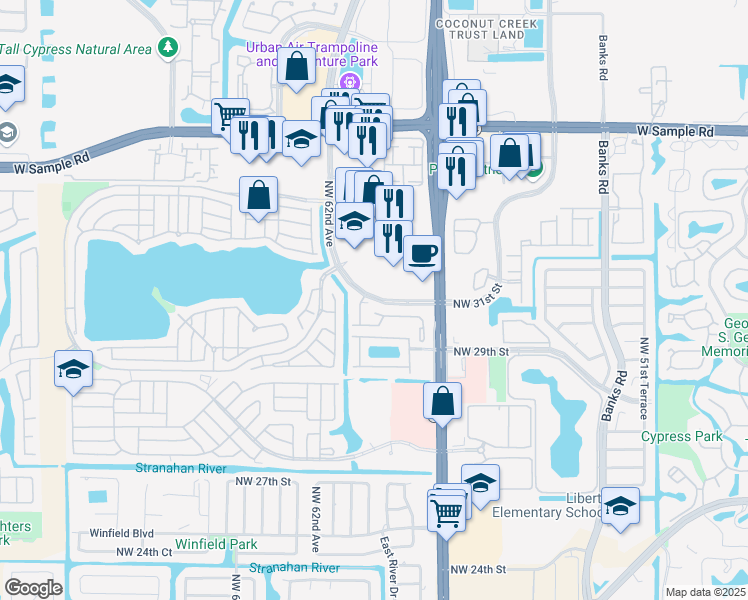 map of restaurants, bars, coffee shops, grocery stores, and more near 5936 Northwest 31st Street in Margate