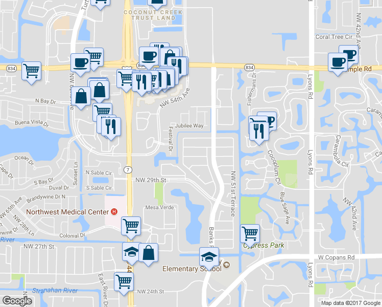 map of restaurants, bars, coffee shops, grocery stores, and more near 5361 Northwest 31st Street in Margate