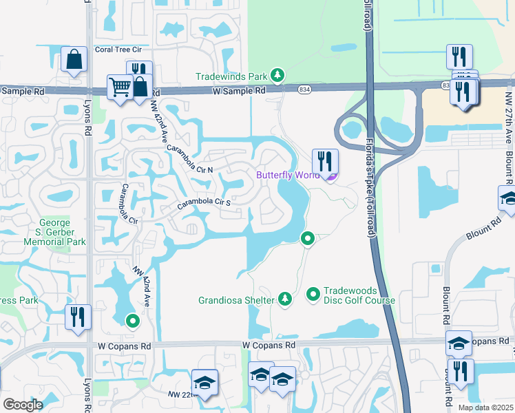map of restaurants, bars, coffee shops, grocery stores, and more near 98 Applewood III in Coconut Creek