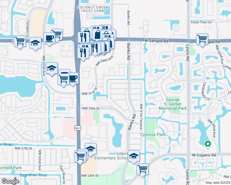 map of restaurants, bars, coffee shops, grocery stores, and more near 5361 Northwest 31st Street in Margate
