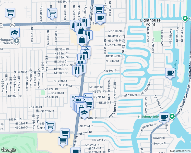 map of restaurants, bars, coffee shops, grocery stores, and more near 2960 Northeast 19th Terrace in Lighthouse Point