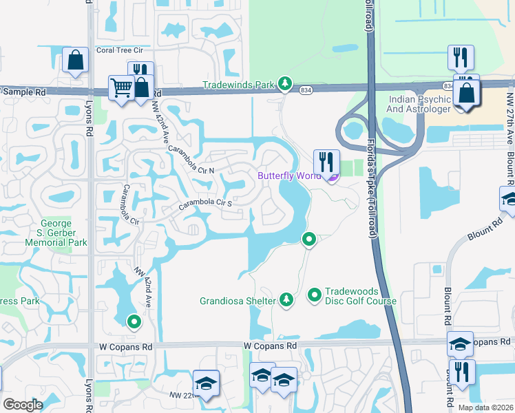 map of restaurants, bars, coffee shops, grocery stores, and more near 2778 Carambola Circle South in Coconut Creek