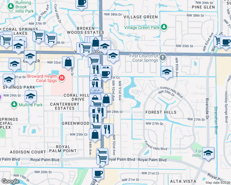 map of restaurants, bars, coffee shops, grocery stores, and more near 3055 Northwest 92nd Avenue in Coral Springs